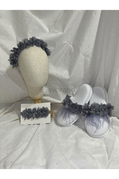 SavBrand 3-Piece Maternity Set - Laser Floral Slippers with Stones and Feathers + Crown + Bandana