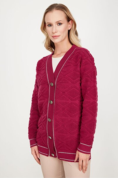 Tığ Triko Havlu Örgü Detaylı Düğmeli Triko Hırka FUŞYA