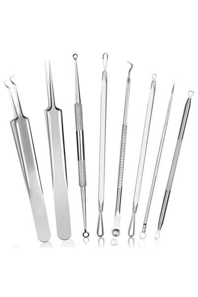 NEO Set 6 pensete pentru extractie puncte negre, comedoane, acnee, ustensile cosmetice din inox, metalic