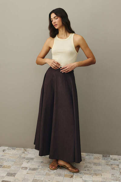 Fahhar Piece Cut Denim Skirt Brown