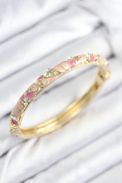 Clariss Yrtcl Enamel Brass Zircon Stone Pink Flower Motif Gold Women's Handcuffs