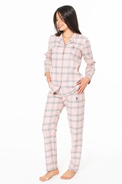 U.S. Polo Assn. Kadın Pembe Ekoseli Gömlek Yakalı Pijama Takım