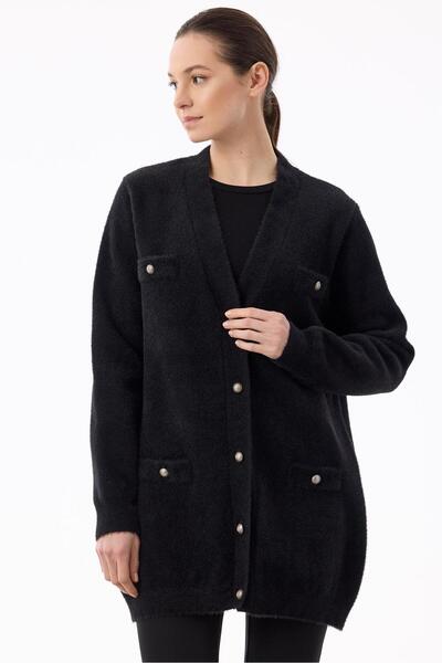 Tığ Triko İnci Düğmeli Triko Hırka SİYAH