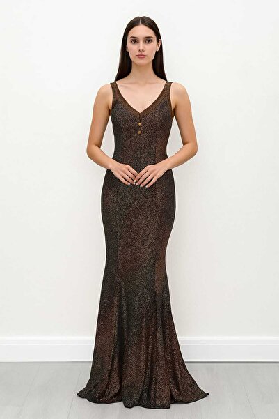 ŞIK VE MUTLU Violet Collar Stone Embellished Fish Cut Evening Dress