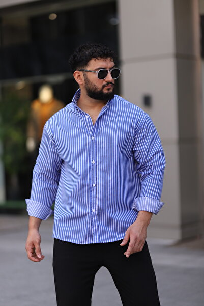 Bürke Uzun Kollu Mavi Renk Beyaz Çizgili Yarım Oversize Erkek Gömlek