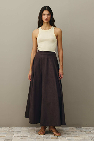 Fahhar Piece Cut Denim Skirt Brown