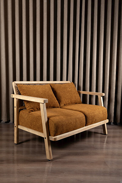 Aberteka Merlin Hazeranlı Doğal Ahşap MEŞE Renk, Hardal Teddy Kumaş İkili Koltuk