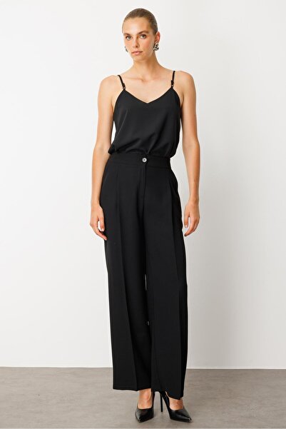 Moda İlgi Modailgi Arka Kemeri Lastikli Yandan Cepli Yüksek Bel Pile Detaylı Palazzo Pantolon - 15044 Siyah