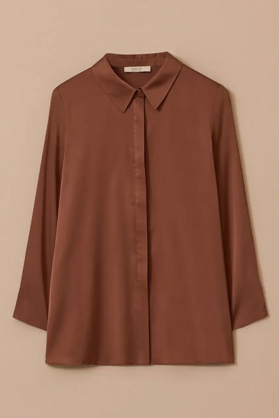 Galaxia Women's Plus Size Buttoned Satin Shirt - Brown