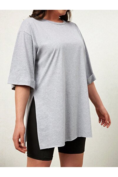 MOVİMENT Plus Size Gray Double Sleeve Wide Cut Asymmetrical Slit Knitted T-Shirt