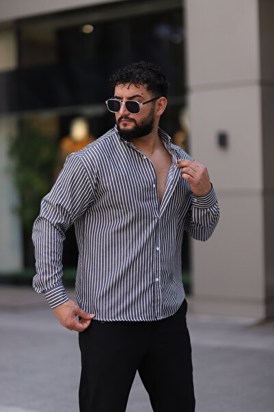 Bürke Long Sleeve Black Color White Striped Half Oversize Men's Shirt