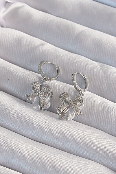 Clariss Yrtcl Brass Silver Color Chunky Zircon Stone Bow Model Hoop Earrings