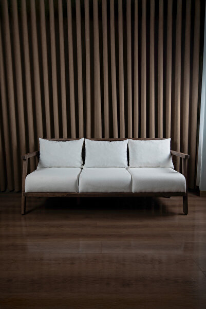 Aberteka Merlin Hazeranlı Doğal Ahşap Koyu Ceviz Renk, Beyaz Teddy Kumaş Üçlü Koltuk