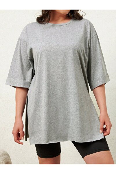 MOVİMENT Plus Size Gray Double Sleeve Wide Cut Asymmetrical Slit Knitted T-Shirt
