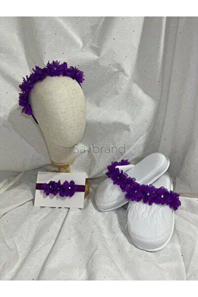 SavBrand 3-Piece Maternity Set - Laser Floral Slippers with Stones and Feathers + Crown + Bandana