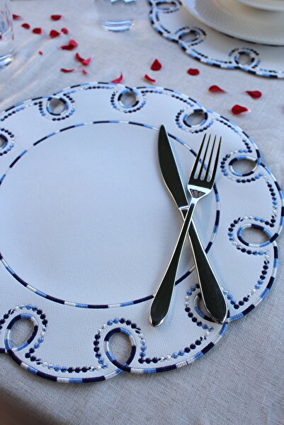 YXL HOME Amerikan Servis 6'LI Takım Suni Deri Nakışlı Yuvarlak Lüks Yemek Masası Takımı