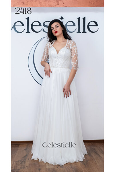 Celestielle A-Line Wedding Dress – 3/4 Sleeves, V-Neck, Floral Lace & Silk Skirt, Romantic Style