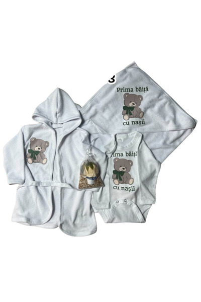 Botez Set pentru prima baita – ursulet verde prosop, body, halat si saculet c...