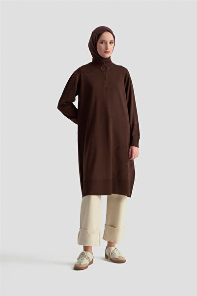 Armine Çiçek Desenli Triko Tunik 25KTD4111 Acı Kahve