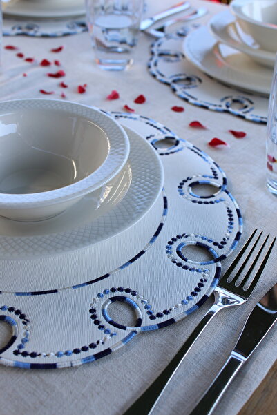 YXL HOME Amerikan Servis 6'LI Takım Suni Deri Nakışlı Yuvarlak Lüks Yemek Masası Takımı