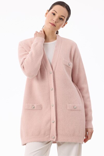 Tığ Triko İnci Düğmeli Triko Hırka AÇIK PEMBE