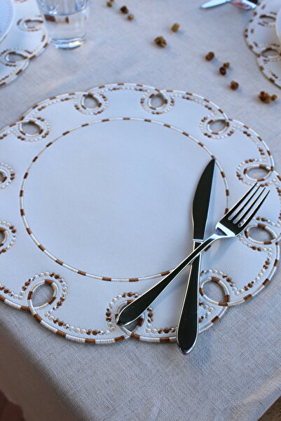 YXL HOME Amerikan Servis 6'LI Takım Suni Deri Nakışlı Yuvarlak Lüks Yemek Masası Takımı