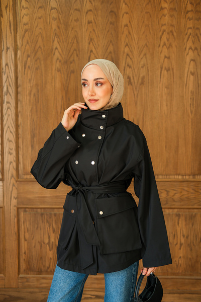 LOCCO Kadın Deri Görünümlü Kısa Trenç Siyah