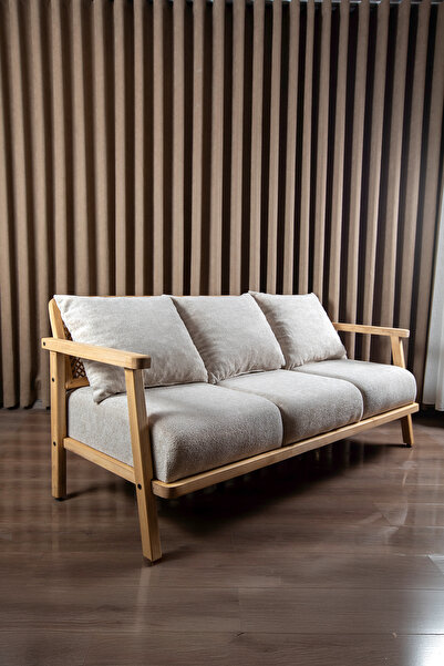 Aberteka Merlin Hazeranlı Doğal Ahşap MEŞE Renk, Sütlü Kahve Teddy Kumaş Üçlü Koltuk