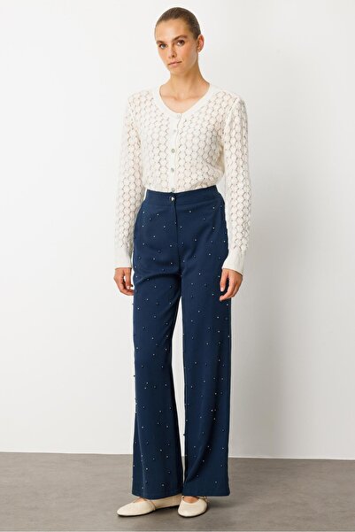 Moda İlgi Modailgi Yüksel Bel Yandan Cepli İnci Detaylı Plazzo Pantolon - 15041 İndigo