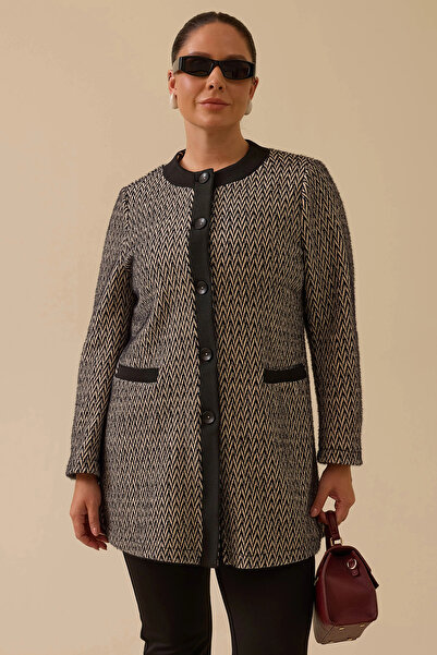 Gala-Xi Galaxi Women's Plus Size Patterned Pocket Detailed Knitwear Jacket 4003 Black