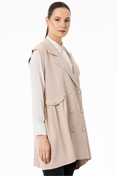 Tığ Triko Yanları Büzgülü Rayon Yelek BEJ