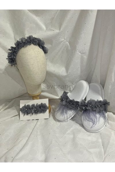 SavBrand 3-Piece Maternity Set - Laser Floral Slippers with Stones and Feathers + Crown + Bandana