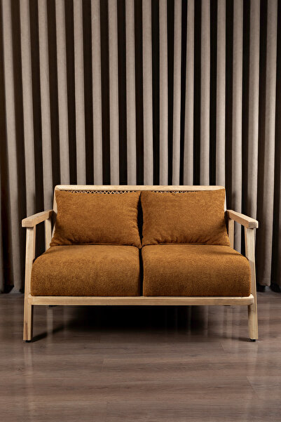 Aberteka Merlin Hazeranlı Doğal Ahşap MEŞE Renk, Hardal Teddy Kumaş İkili Koltuk