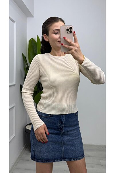 TUNAM BUTİK 4798 Threaded Glitter Detailed Knitwear Blouse Cream