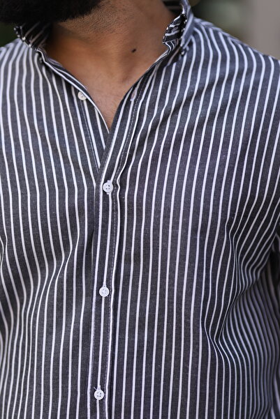 Bürke Long Sleeve Black Color White Striped Half Oversize Men's Shirt