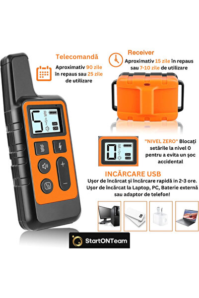 StartONTeam Zgardă electrică profesională pentru dresaj câini de vânătoare, anti-lătrat, cu telecomandă, portocalie