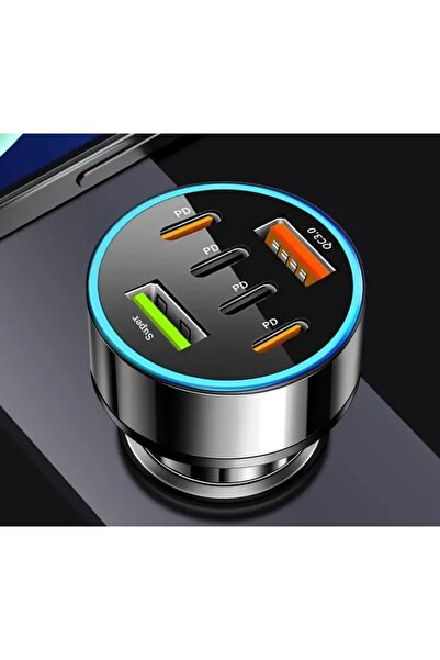 Flippy Încărcător auto 6 în 1, Flippy, 2 porturi USB cu încărcare rapidă QC3.0 și 4 porturi tip C, PD 65W, negru