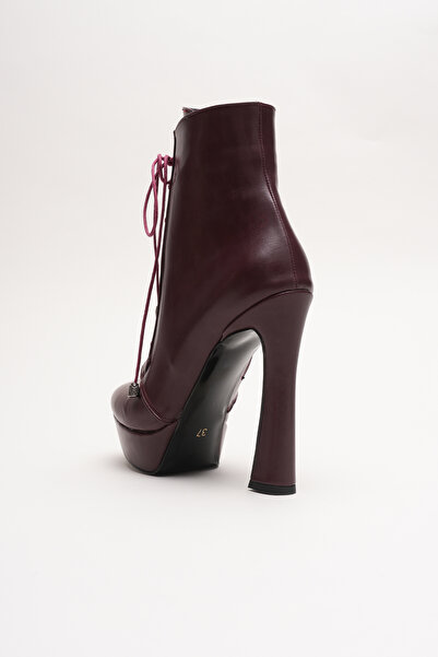 Ayakkabı Ateşi Kadın Bağcıklı Fermuarlı Yüksek Topuklu Bot Viole Bordo Cilt