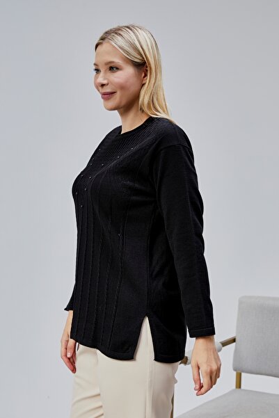 Jinx Wear Fashion Kadın Triko Yan Yırtmaç İnci Detay Kışlık Orta Yaş Günlük Anne Bluz Kazak