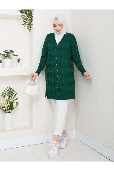 KMKkombin Women's Wave Patterned Buttoned Long Sleeve Cardigan