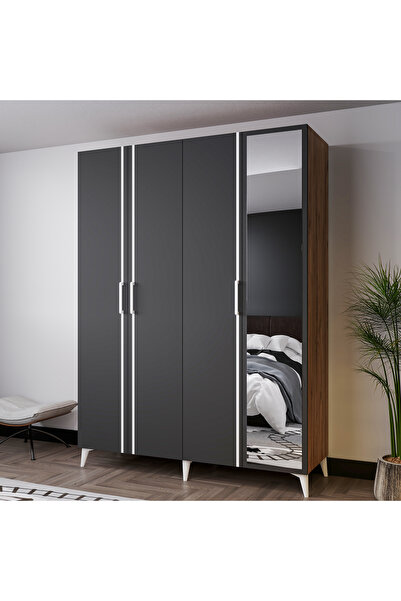 AZZURİ MEZZO 140 cm 4 Kapaklı Aynalı Genç Odası Dolabı-Gardırop-Dolap Antrasit MEŞE AZR14049