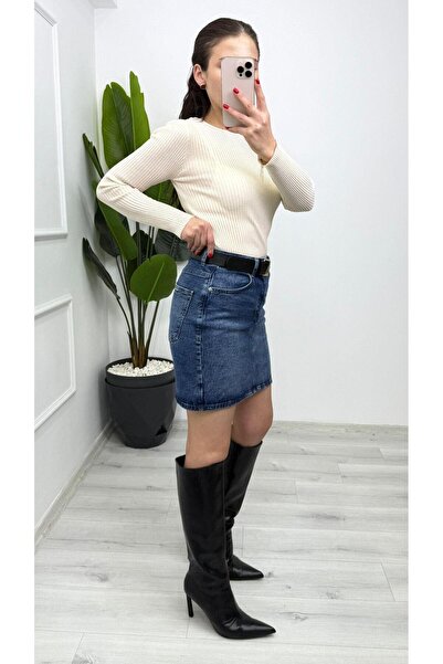 TUNAM BUTİK 4887 Denim Esnek Kısa Etek Mavi