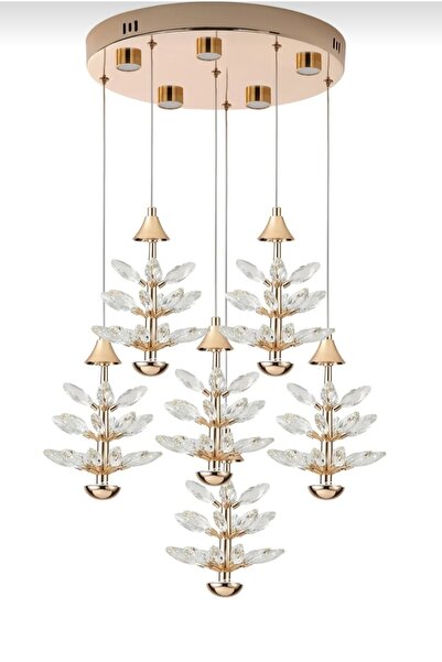 MİRLED AYDINLATMA Mir led aydınlatma6'Lı 65 Watt 3000K Yuvarlak Gold Kristal Taşlı Ledli Salon Avize 2yil grantili