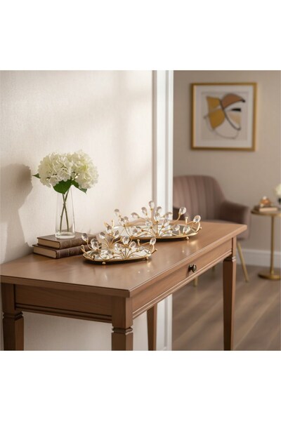 Hinora Kristal Damla Taşlı 2Li Aynalı Tepsi Seti 29x20-36x26cm