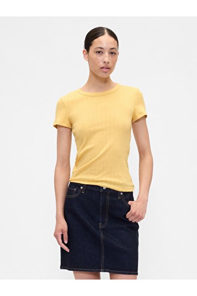 GAP Kadın Sarı Pointelle Crewneck T-Shirt