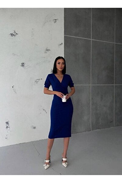 Modafeminen Rochie creion cu mânecă scurtă cu guler dublu ALBASTRU ÎNCHIS 582868