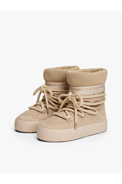 Tommy Hilfiger Kadın Boğaz Kısmı Lastikli Su Geçirmez Bağlamalı Bej Bot & Bootie FW0FW08998-ACC