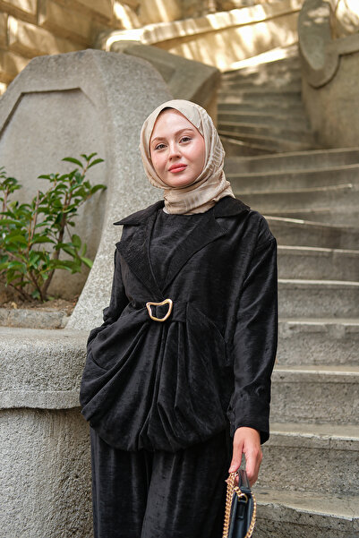 LOCCO Kadın Musleya Önü Pile Detay Süet Takım Siyah