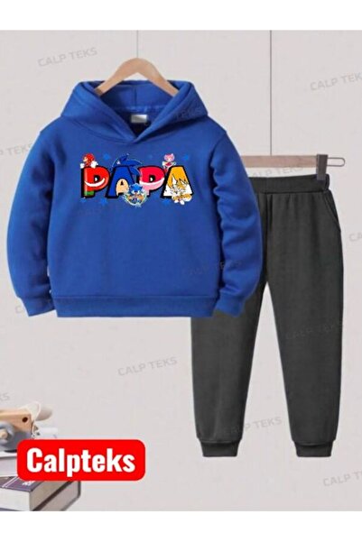 CALP TEKS SONICPAPAA BASKILI KALIN PAMUKLU KAPÜŞONLU ÇOCUK EŞOFMAN TAKIMI