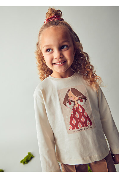 MAYORAL Girl's 2-Piece Set (Ages 4-10) – Cream Color Printed Cotton Blouse and Floral Pattern Buckle Set